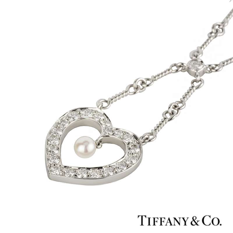 Tiffany And Co Diamond And Pearl Heart Necklace In Platinum Rich Diamonds